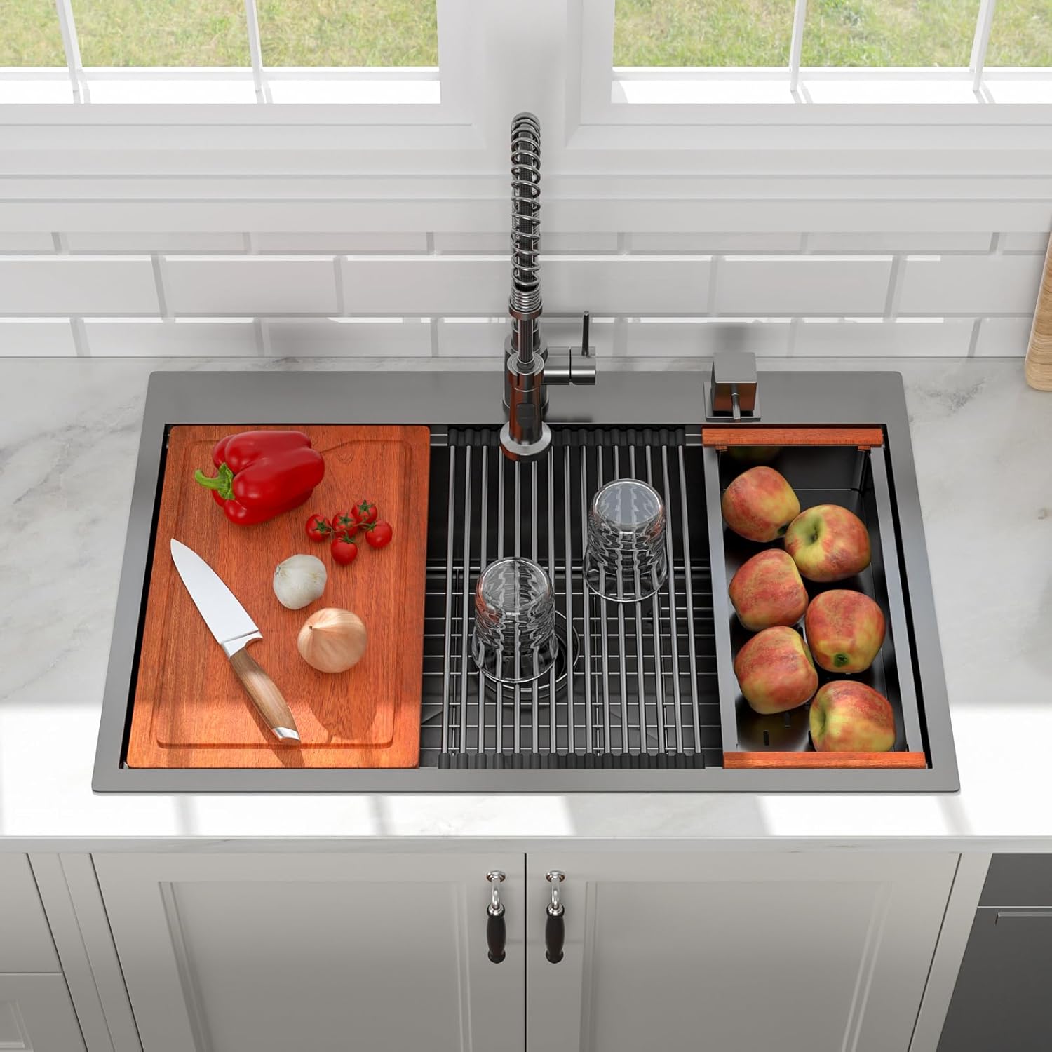 33in x19in  Black Drop In Kitchen Sink Workstation Nano Coating 304 Stainless Steel 16 Guage Handmade Topmount Single Bowl Deep Kitchen Sink Basin,LOF-B9989