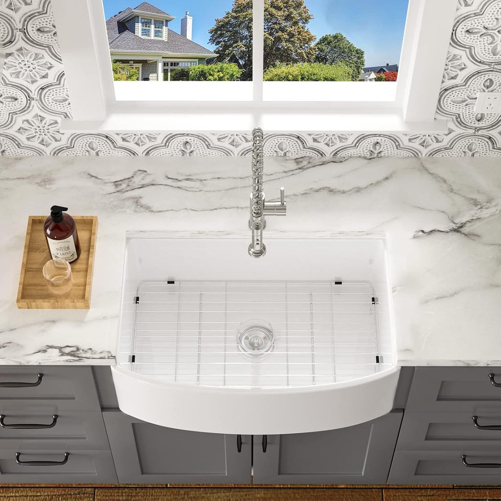 33 Farmhouse Sink White - Lofeyo 33 x 19 Inch Farm Kitchen Sink Curved Apron Front Fireclay Ceramic Porcelain Single Bowl Farmer Kitcehn Sink Basin