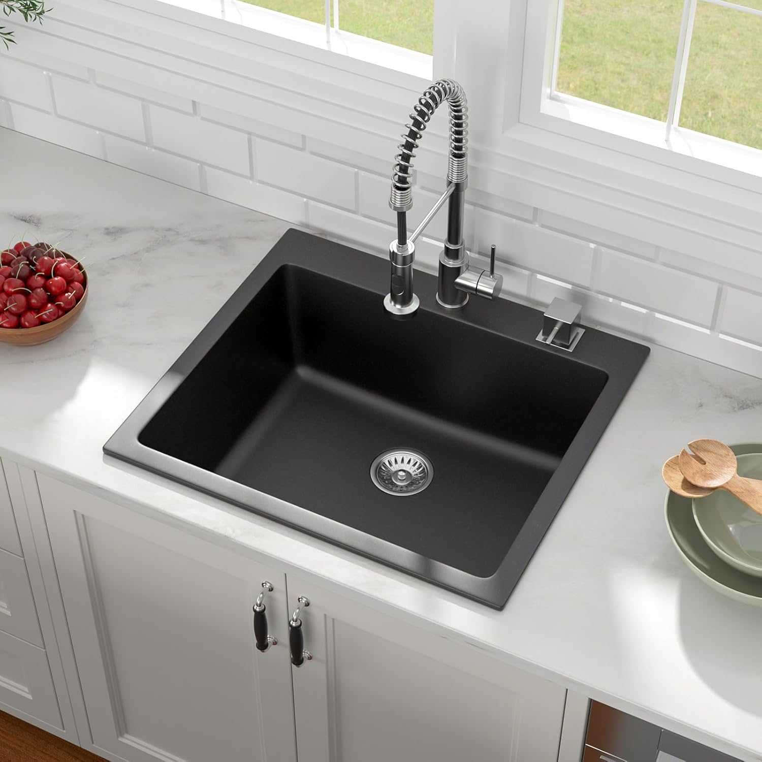 25x22 Inch Black Granite Composite Drop In Kitchen Sink Top mount Quartz Single Bowl Contemporary Kitchen Deep Sink Basin with Counter Ledge