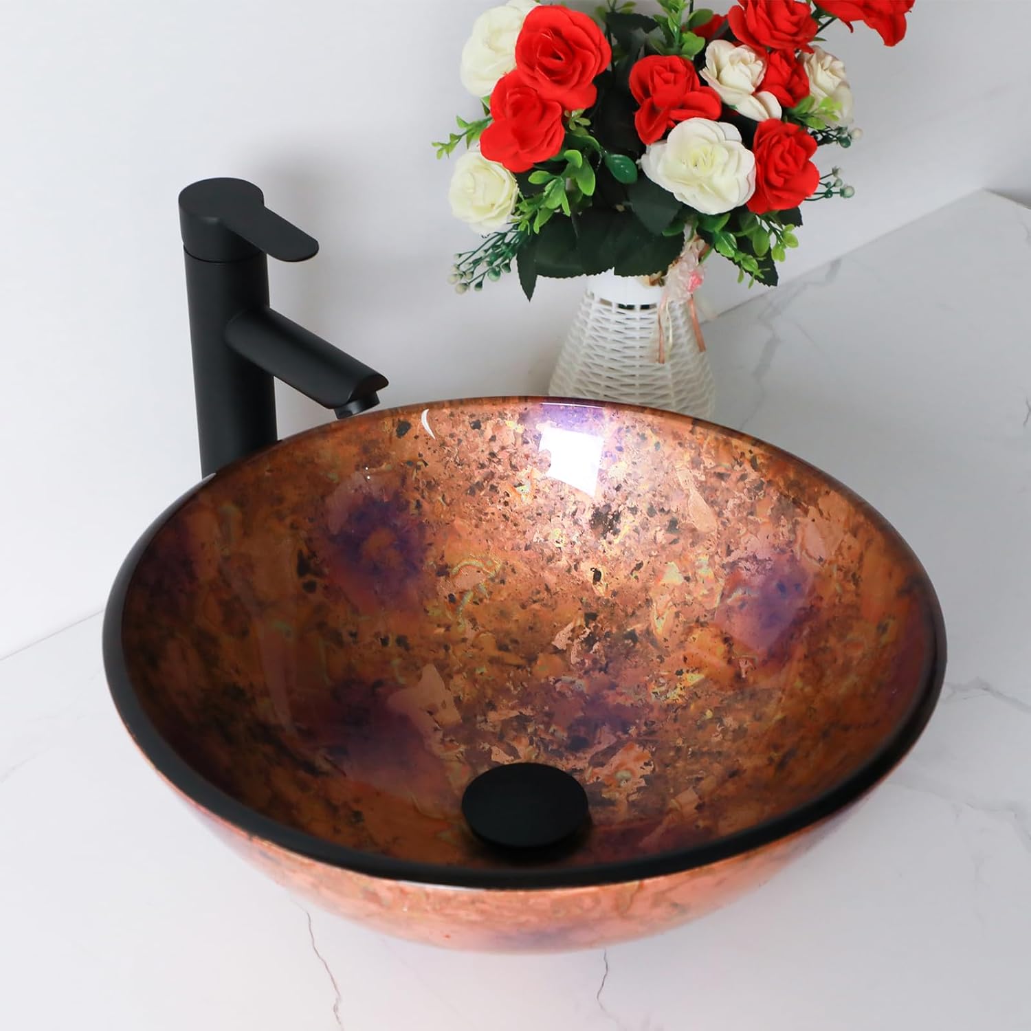Small Bathroom Sink 17in  Purple Glass Vessel Sink With Faucet And Drain Combo Modern Round Shape Artistic Basin Bathroom Vessel Sink Above Counter Small 5in  Deep Vessel Sink LOF-BL33557