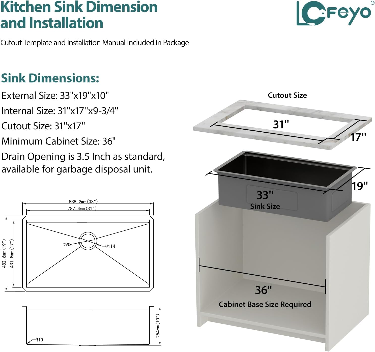 33in x19in  Black Undermount Kitchen Sink Workstation Nano Coating 304 Stainless Steel 16 Guage Handmade Under Counter Single Bowl Deep Kitchen Sink Basin,LOF-B9986