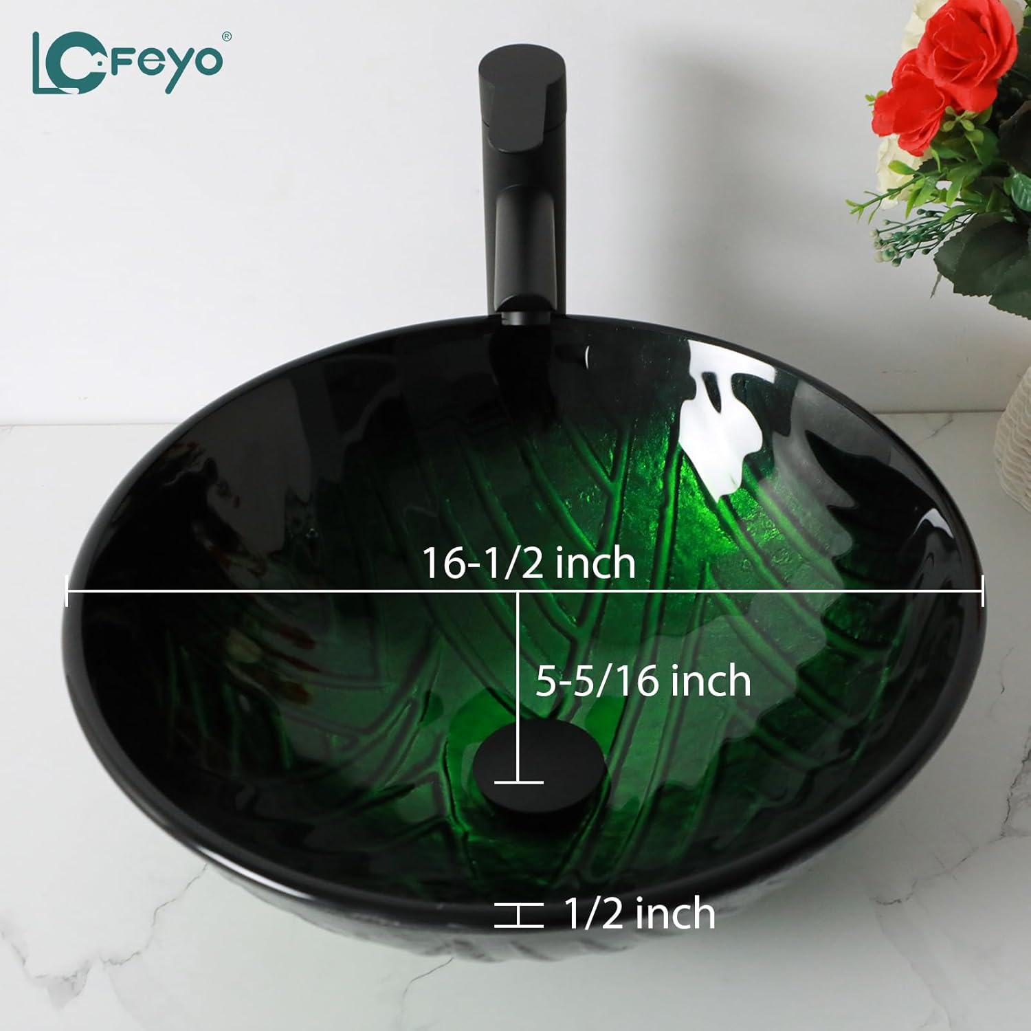 Small Bathroom Sink 17in  Green Glass Vessel Sink With Faucet And Drain Combo Modern Round Shape Artistic Basin Bathroom Vessel Sink Above Counter Small 5in  Deep Vessel Sink LOF-BL33556