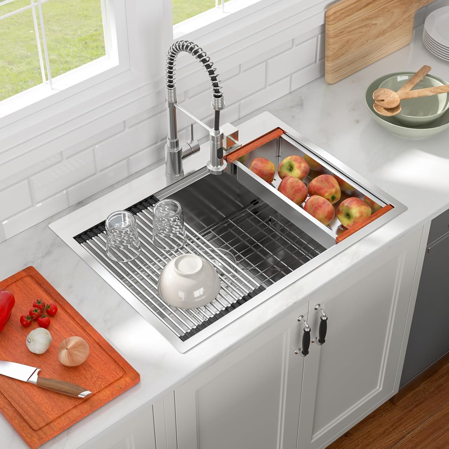 30inx22in Drop In Workstation Kitchen Sink 16 Gauge Stainless Steel Handmade Single Bowl Ledge Topmount Contemporary Kitchen Deep Sink Basin
