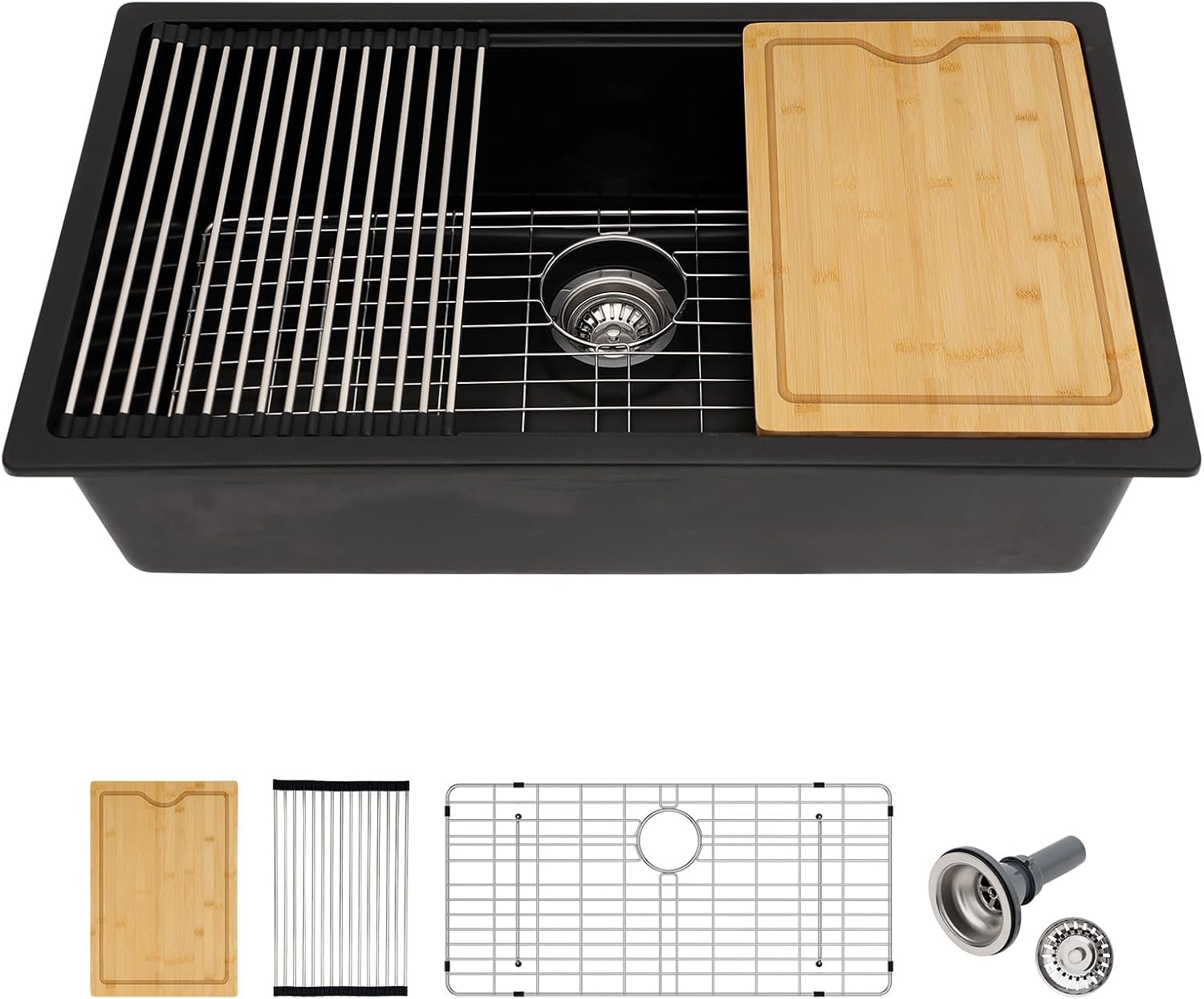 Multifunctional 33 Granite Composite Workstation Kitchen Sink with Accessories and Integrated Ledge Modern Undermount Matte Black Granite Quartz Composite Single Bowl Deep Kitchen Sink Basin