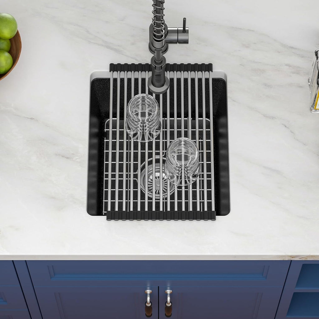 Black Undermount Kitchen Sink 15in x18in  Granite Composite Bar Sink Black Small Granite Sink Undermount Quartz Modern Under Counter Ledge Single Bowl Kitchen Sinks Basin Deep Sink,LOF-Q452Z