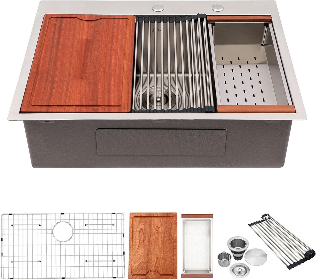 33inx22in Drop in Kitchen Sink Top mount Workstation 304 Stainless Steel 16 Gauge Single Bowl Deep Kitchen Sink Handmade Moden Kitchen Sink Basin
